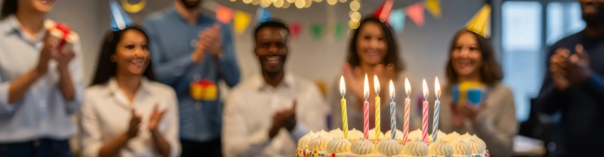 Kollegen feiern mit einem Kuchen im Büro den Geburtstag einer Kollegin