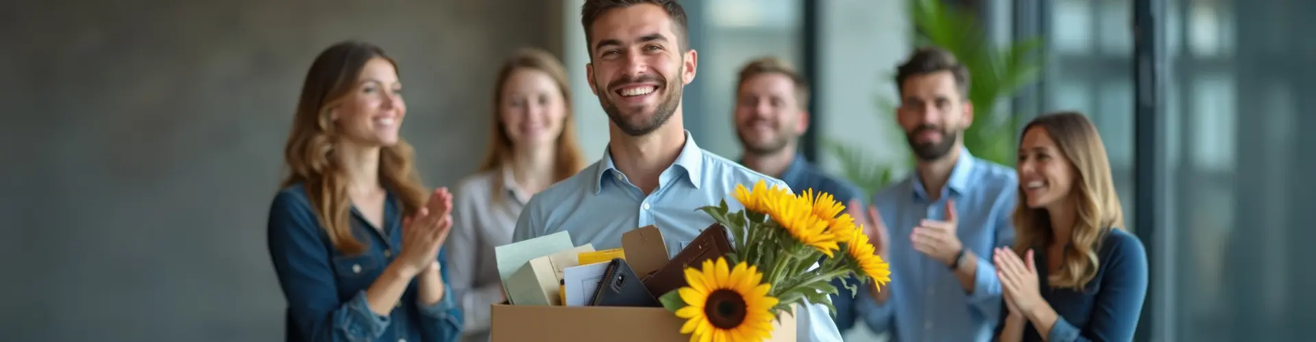 Kollege verlässt das Team und trägt einen Karton mit einen privaten Gegenständen in einem Karton aus dem Büro