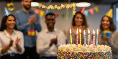 Kollegen feiern mit einem Kuchen im Büro den Geburtstag einer Kollegin