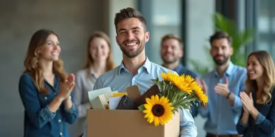 Kollege verlässt das Team und trägt einen Karton mit einen privaten Gegenständen in einem Karton aus dem Büro