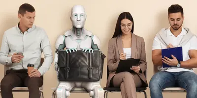 Roboter und Menschen warten auf ein Vorstellungsgespräch. Ersetzen menschlicher Arbeitskräfte durch künstliche Intelligenz