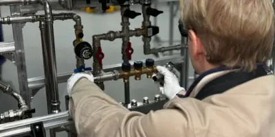Ingenieur installiert industrielle Rohre in einer Fabrik