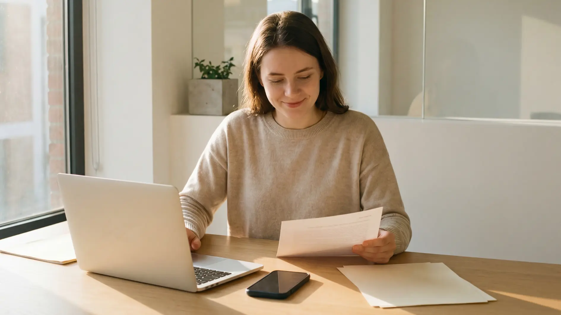 Frau arbeitet an Laptop und Papieren