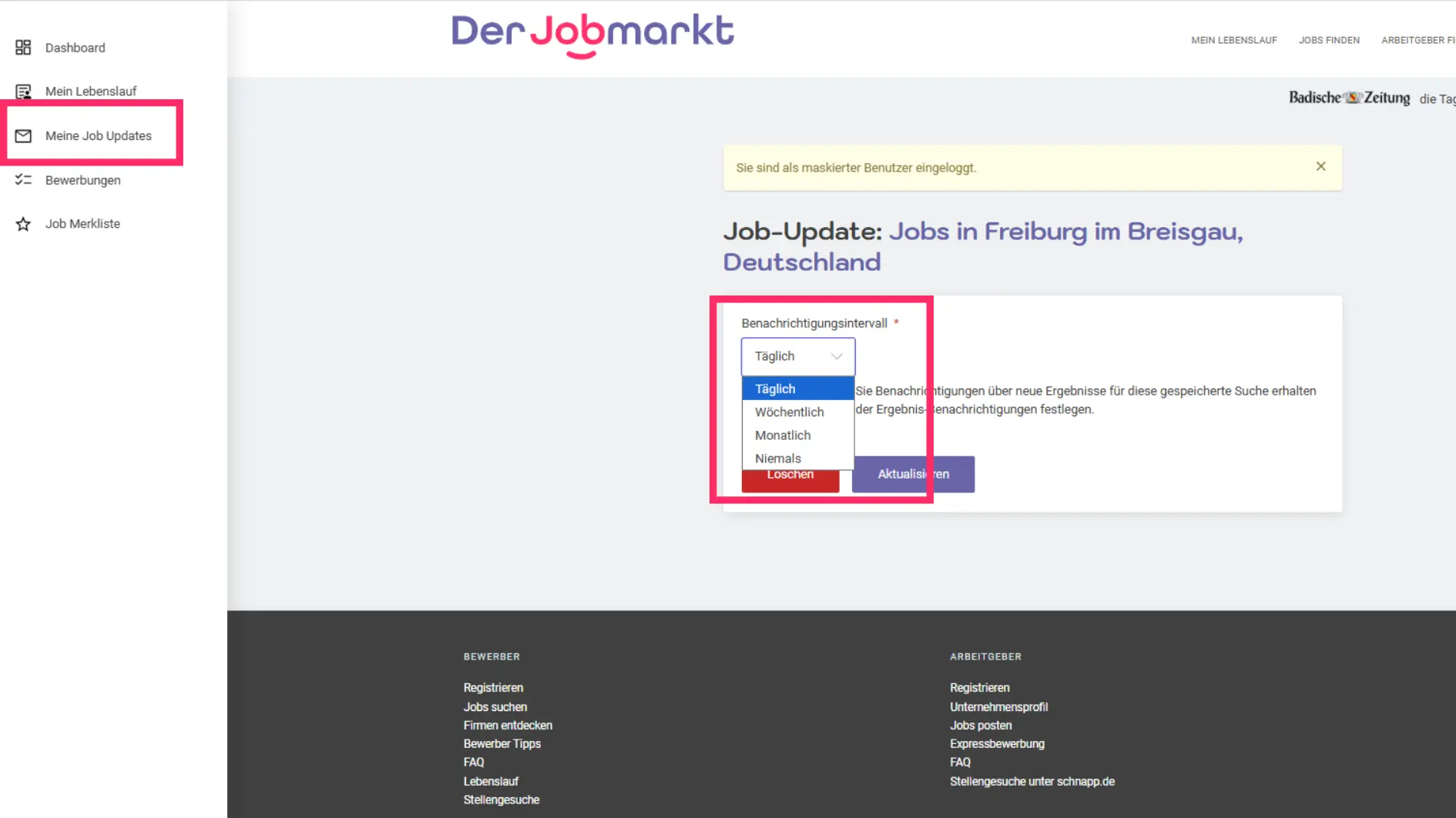 Screenshot von derjobmarkt.de - Hilfestellung bei der Einrichtung des Benachrichtigungintervalls