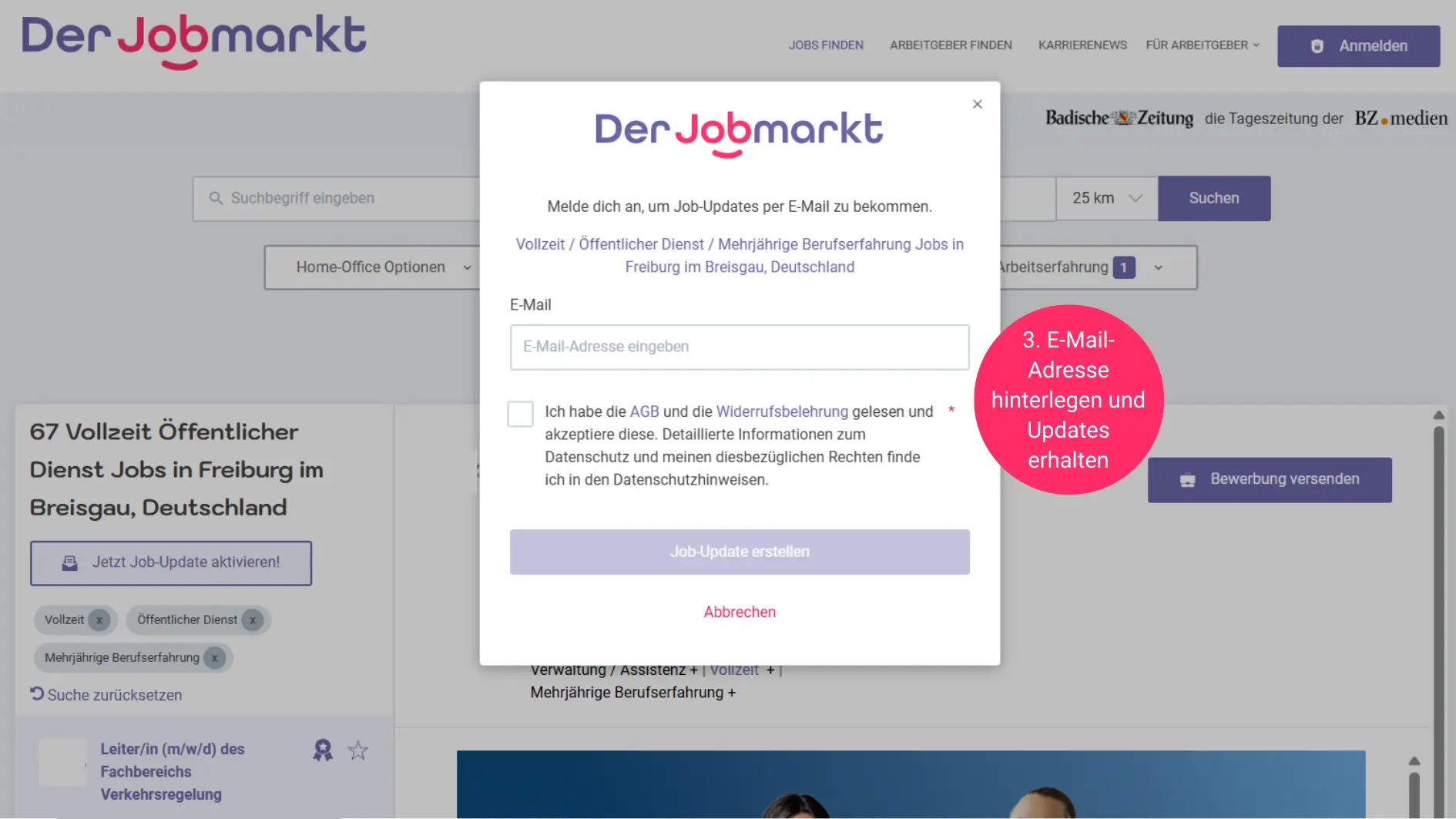 Screenshot von derjobmarkt.de - Hilfestellung bei der Einrichtung eines Job-Alerts