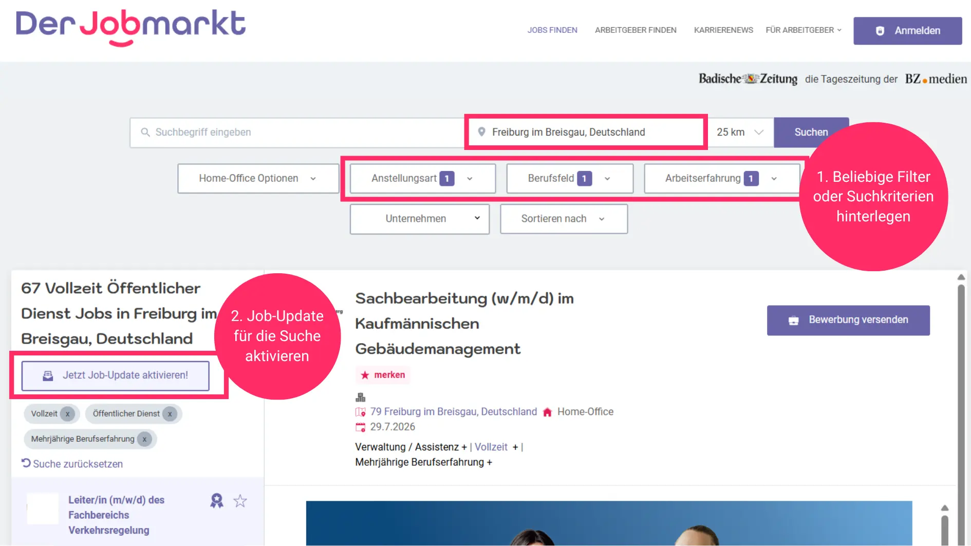 Screenshot von derjobmarkt.de - Hilfestellung bei der Einrichtung eines Job-Alerts